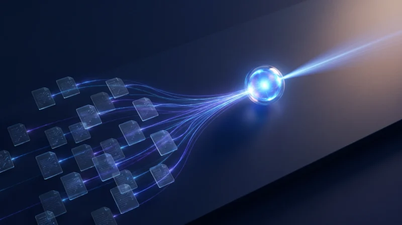 Flux de lumiere de multiples sources convergeant vers une seule sphere, image de signaux epars qui convergent vers une decision de confiance